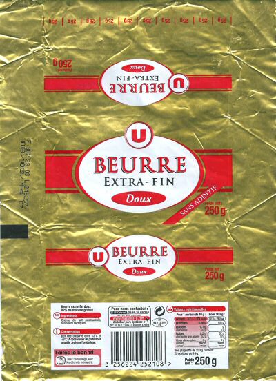 U beurre doux extra-fin sans additif 250g FR 63.113.051 CE Auvergne France