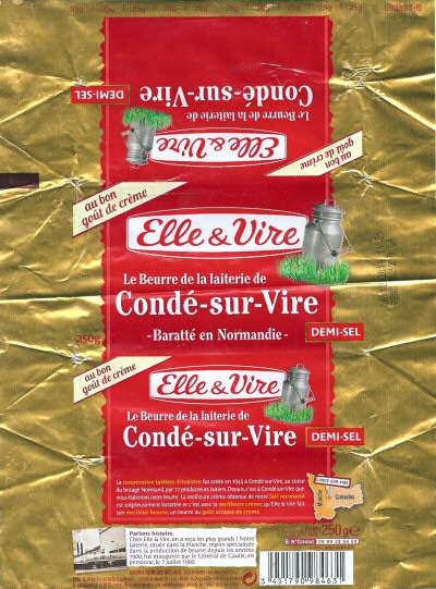 Elle & Vire le beurre de la laiterie de Condé-sur-Vire demi-sel au bon goût de crème 250g FR 50.139.001 Normandie France