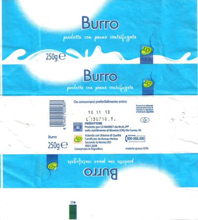 Burro prodotto con panna centrifugata LD 250g IT 01 03 CE Italie