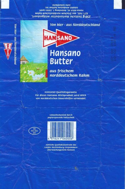 Hansano butter von hier aus Norddeutschhland aus frischem norddeutschem rahm 250g DE MV-006 EG Mecklembourg - Poméranie occidentale Allemagne