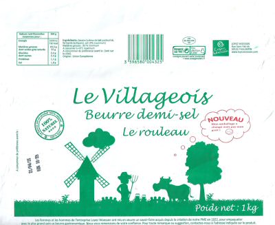 Le villageois beurre demi-sel le rouleau 100% naturel Loyez Woessen 1kg 1000g FR 59.462.030 CE Nord-Pas de Calais France 