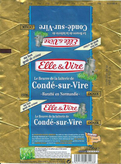 Elle & Vire le beurre de la laiterie de Condé-sur-Vire doux au bon goût de crème baratté en Normandie 250g FR 50.139.001 CE Normandie France