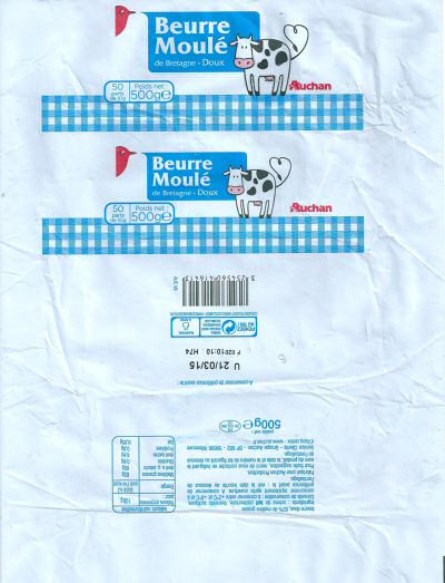 Auchan beurre moulé de Bretagne doux 500g FR 29.156.090 CE France