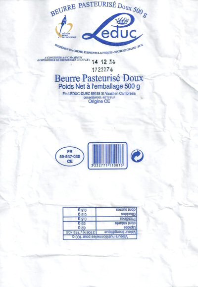 Leduc beurre pasteurisé doux 500g FR 59.547.030 CE Nord-Pas de Calais France