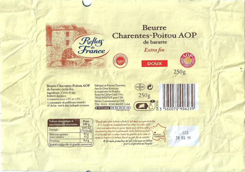 Reflets de France beurre Charentes-Poitou AOP de baratte extra fin doux 250g AOP FR 79.200.001 CE Poitou-Charentes France