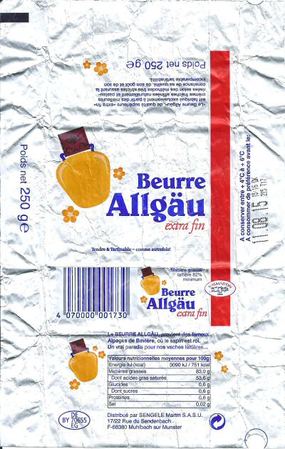 Beurre Allgäu extra fin Valmartin le beurre Allgäu provient des fameux alpages de Bavière 250g DE BY 70655 EG France