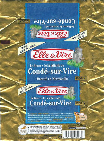 Elle & Vire le beurre de la laiterie de Condé-sur-Vire baratté en Normandie au bon goût de crème doux médaille de bronze Paris 2014 250g FR 50.139.001 CE France