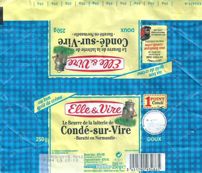 Elle & Vire Condé-sur-Vire baratté en Normandie au bon goût de crème médaille d argent Paris 2015 FR 50.139.001 CE 250g France