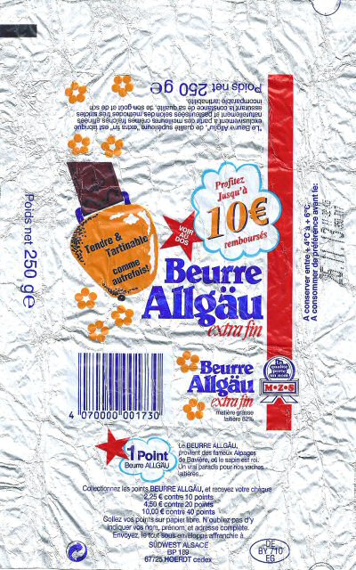 Beurre Allgäu 1 point  extra fin le beurre Allgäu provient des fameux alpages de Bavière 10 euros remboursés 250g DE BY 710 EG France