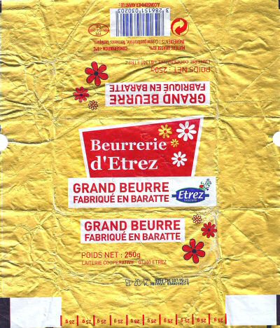 Beurrerie d Etrez grand beurre fabriqué en baratte laiterie coopérative 01340 Etrez 250g FR 01.154.001 CE Rhône-Alpes France