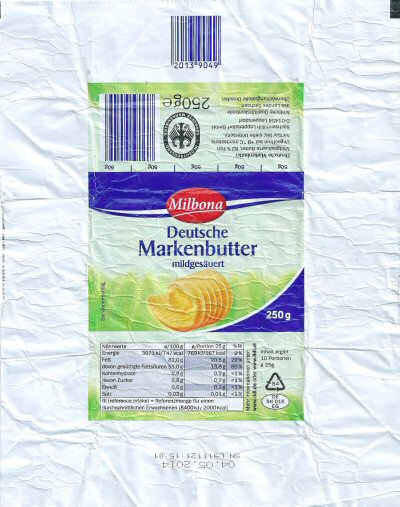 Milbona deutsche markenbutter mildgesäueurt 250g DE SN 016 EG Saxe Allemagne