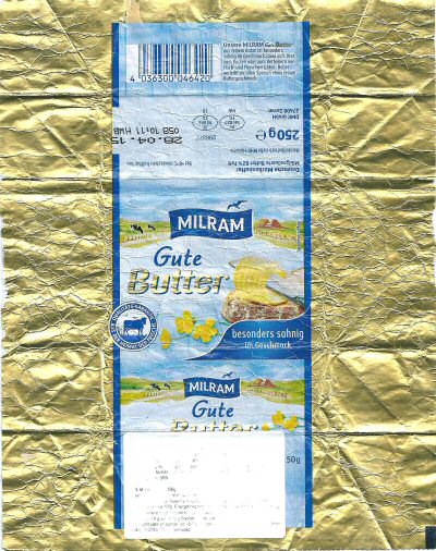 Milram gute butter qualitats garantie aus der heimat der frische 250g DE SH 027 EG Schleswig-Holstein Allemagne