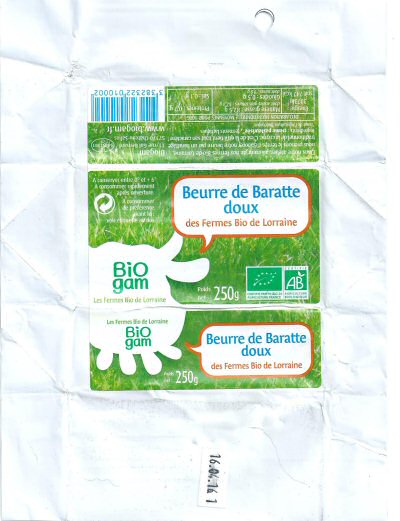 Bio gam beurre de baratte doux des fermes bio de Lorraine 250g FR 54.452.0001 CE Lorraine France