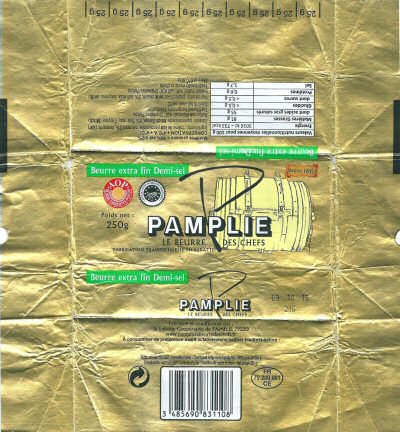 Pamplie les beurre des chefs beurre extra fin demi-sel AOP 250g FR 79.200.001 CE Poitou-Charentes France