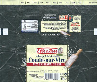 Elle & Vire le beurre de la laiterie de Condé-sur-Vire aux cristaux de sel 3 points Condé 250g FR 50.139.001 CE Normandie France
