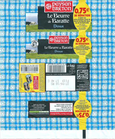 Paysan breton le beurre de baratte doux 0,75 euros de réduction à valoir sur votre prochain achat de beurre de baratte doux au sel de Guérande produit en Bretagne 250g FR 35.051.001 CE France