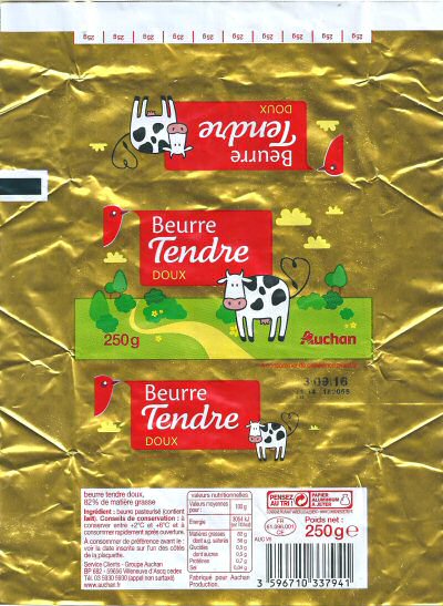 Auchan beurre tendre doux 250g FR 61.096.001 CE Normandie France