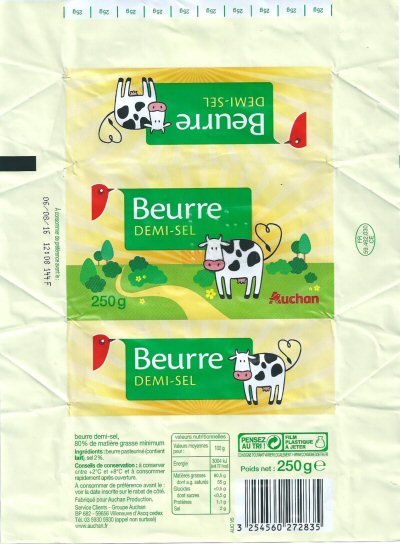 Auchan beurre demi-sel 250g FR 59.462.030 CE Hauts de France 