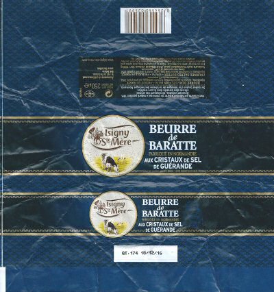 Beurre de baratte fabriqué en Normandie aux cristaux de sel de Guérande Isigny Ste Mère 250g FR 14.342.001 CE France
