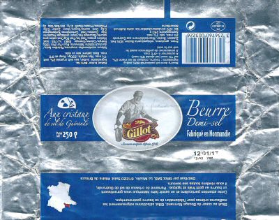 Gillot beurre demi-sel aux cristaux de sel de Guérande fabriqué en Normandie saveurs uniques depuis 1912 250g FR 61.096.001 CE France