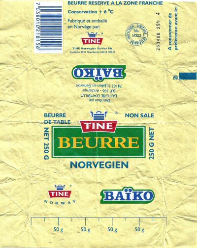 BaÏko beurre norvégien fabriqué et emballé par Tine en Norvège beurre réservé à la zone franche beurre de table non salé 250g