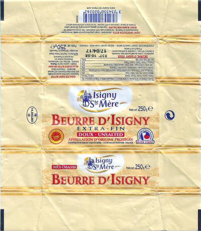 Beurre d Isigny extra-fin appellation d origine protégée doux unsalted Isigny Sainte-Mère 250g  FR 14.342.001 Normandie France 
