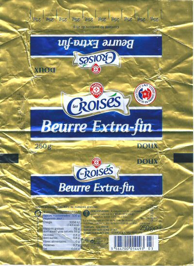 Les croisés beurre extra-fin doux 250g lait collecté en France C = FR 63.13.051 CE Auvergne-Rhône-Alpes France