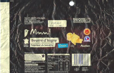 Auchan mmm ! beurre d Isigny fabriqué en baratte doux fabriqué en Normandie 250g FR 50.606.001 CE France