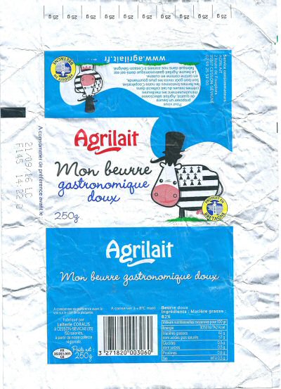 Agrilait mon beurre gastronomique doux produit en Bretagne laiterie Coralis www.agrilait.fr 250g FR 35.051.001 CE Bretagne France