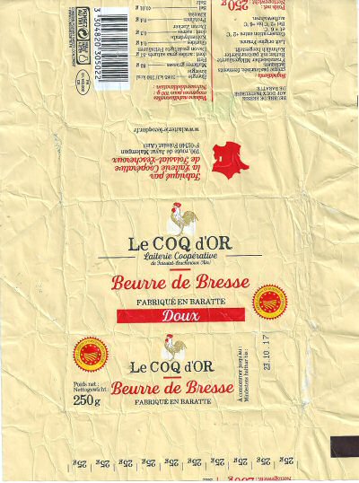 Le coq d or laiterie coopérative de Foissiat-Lescheroux (Ain) beurre de Bresse fabriqué en baratte doux 250 g FR 01.163.002 CE Auvergne-Rhône-Alpes