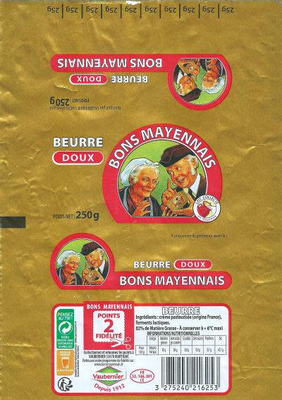 Bons mayennais beurre doux points 2 fidélité Vaubernier depuis 1912 250g FR 53.146.001 CE Pays de Loire France 