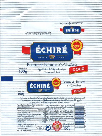 Echiré depuis 1894 beurre de baratte d excellence doux AOP beurre Charentes-Poitou doux 100g FR 79.109.001 CE Nouvelle-Aquitaine