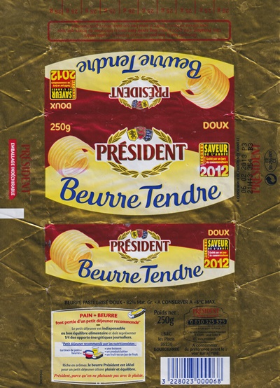 Président beurre tendre doux saveur de l année 2012 250g FR 50-256-001 CE Normandie