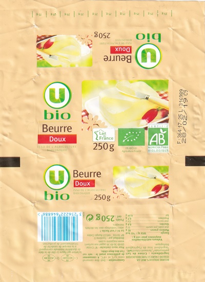 U bio beurre doux issu de l agriculture biologique lait de France 250g FR 63.113.051 CE Auvergne