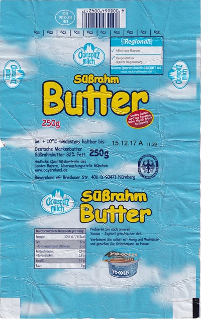 SÜssrahm butter regional domspitz Deutscland Bayernland 250g BY 306 EG Bavière