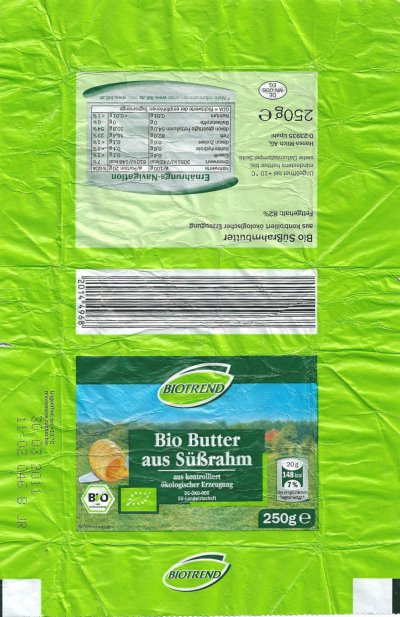 Biotrend bio butter aus süssrahm 250g DE MV-006 EG Mecklembourg - Poméranie occidentale Allemagne