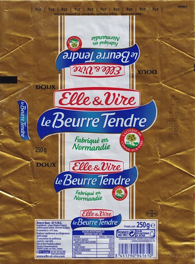 Elle & Vire le beurre tendre laiterie de Condé-sur-Vire fabriqué en Normandie 250g  FR 50.139.001 CE