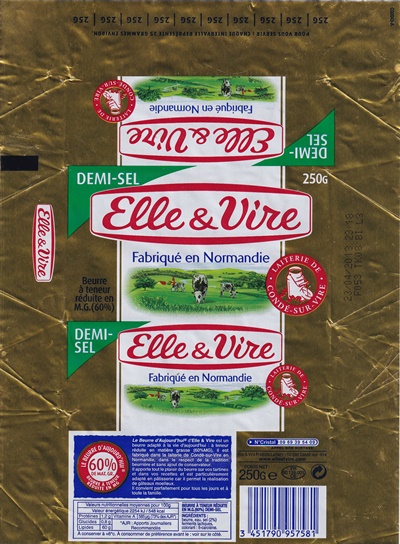 Elle & Vire demi-sel fabriqué en Normandie laiterie de Condé-sur-Vire 250g FR 50.139.001 CE 