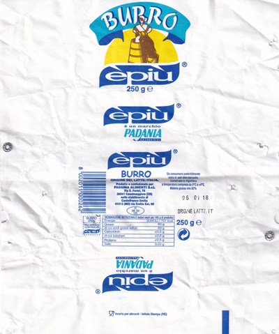 Burro èpiù è un marchio padania alimenti 250g origine del latte italia IT 08 53 CE