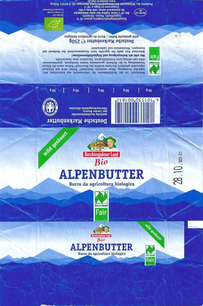 Berschesgadener land bio alpenbutter bio burro da agricola biologica naturland fair mild gesäuert 250G DE BE 110 EG Berlin Allemagne