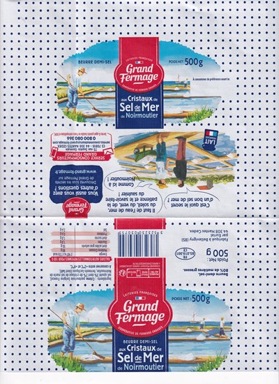 Grand fermage beurre demi-sel aux cristaux de sel de mer de Noirmoutier lait français 500g FR 85.019.001 CE Pays-de-Loire 