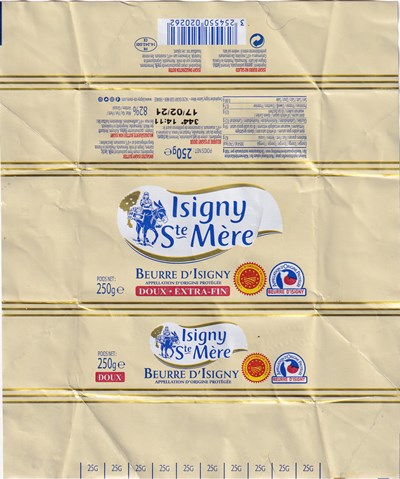 Isigny Ste Mère beurre d Isigny doux extra-fin appellation d origine protégée 250g doux FR 14.342.001 CE Normandie 
