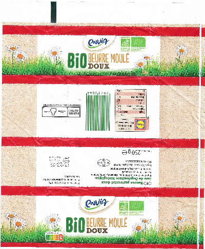 Envia bio beurre moulé doux 250g beurre pasteurisé doux issu de l agriculture biologique FR 59.462.030 59133 PHALEMPIN Hauts-de-France