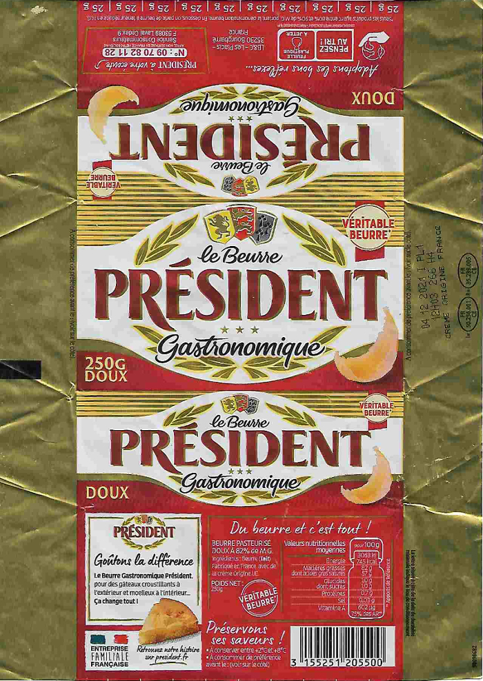 Président le beurre gastronomique véritable beurre doux goûtons la différence entreprise familiale française préservons ses saveurs FR 50.256.001 CE Normandie