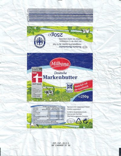 Milbona deutsche markenbutter natürlisch voll im geschmack 250g DE SN 016 EG Saxe Allemagne