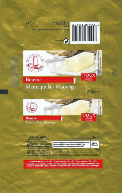beurre mantequilla manteiga doux sin sal sem sal 250g FR 35.239.005 CE France exportation