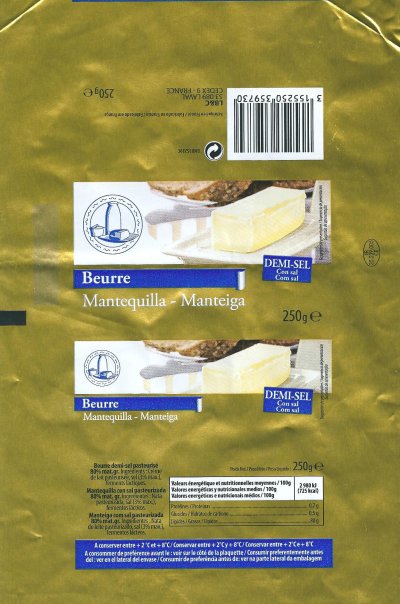 beurre mantequilla manteiga demi-sel con sal com sal  250g FR 35.239.005 CE France exportation