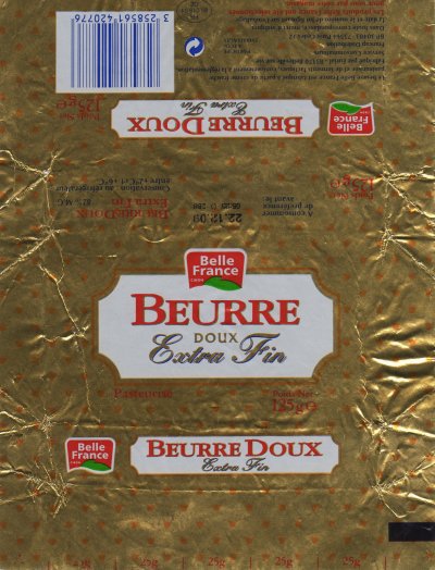 Belle France cibon beurre doux extra fin fabriqué par Eurial 85170 Belleville sur Vie 125g FR 85.019.01 CE Pays de Loire France