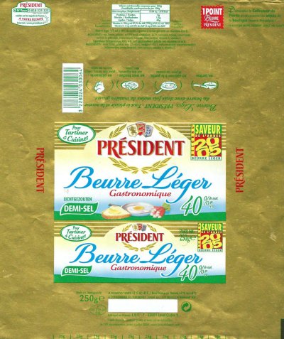Président beurre léger gastronomique demi-sel saveur de l'année 2005 250g F 35.239.05 CEE Bretagne France