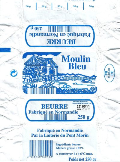 Moulin bleu beurre fabriqué en Normandie par la laiterie du Pont Morin 250g FR 61.096.001 CE France